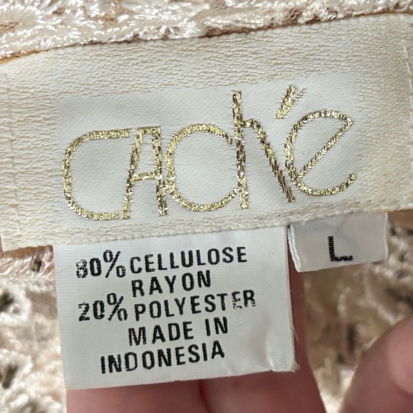 Vintage Cache Cellulose Rayon Cream Beaded Floral Button Up Top Shacket Sz Large - Picture 3 of 6